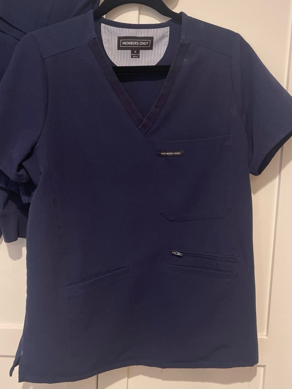Members Only Navy V-Neck Scrub Top & bottoms.
